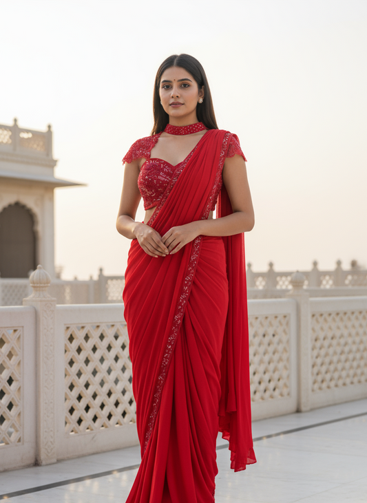 Woman in a red saree standing on a balcony with architectural background